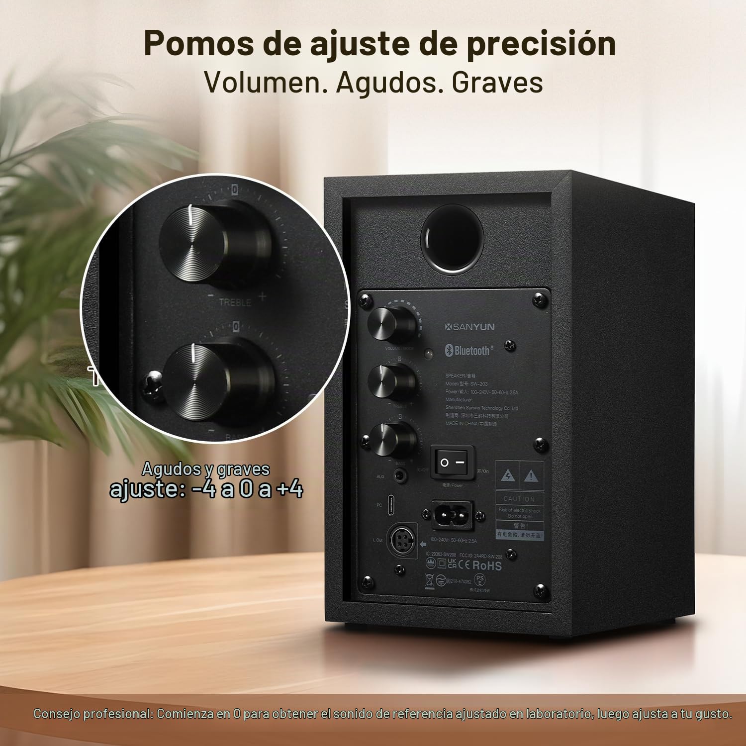 Sanyun SW203 Altavoces PC 2.0 3”, Campo Estéreo Ampliado, Triple-DSP | DAC 24 bits, USB-C/Bluetooth 5.4/AUX, Woofer Fibra Carbono 60W + Tweeter Cúpula Seda, PC Sobremesa Gaming (Pareja, Negro)