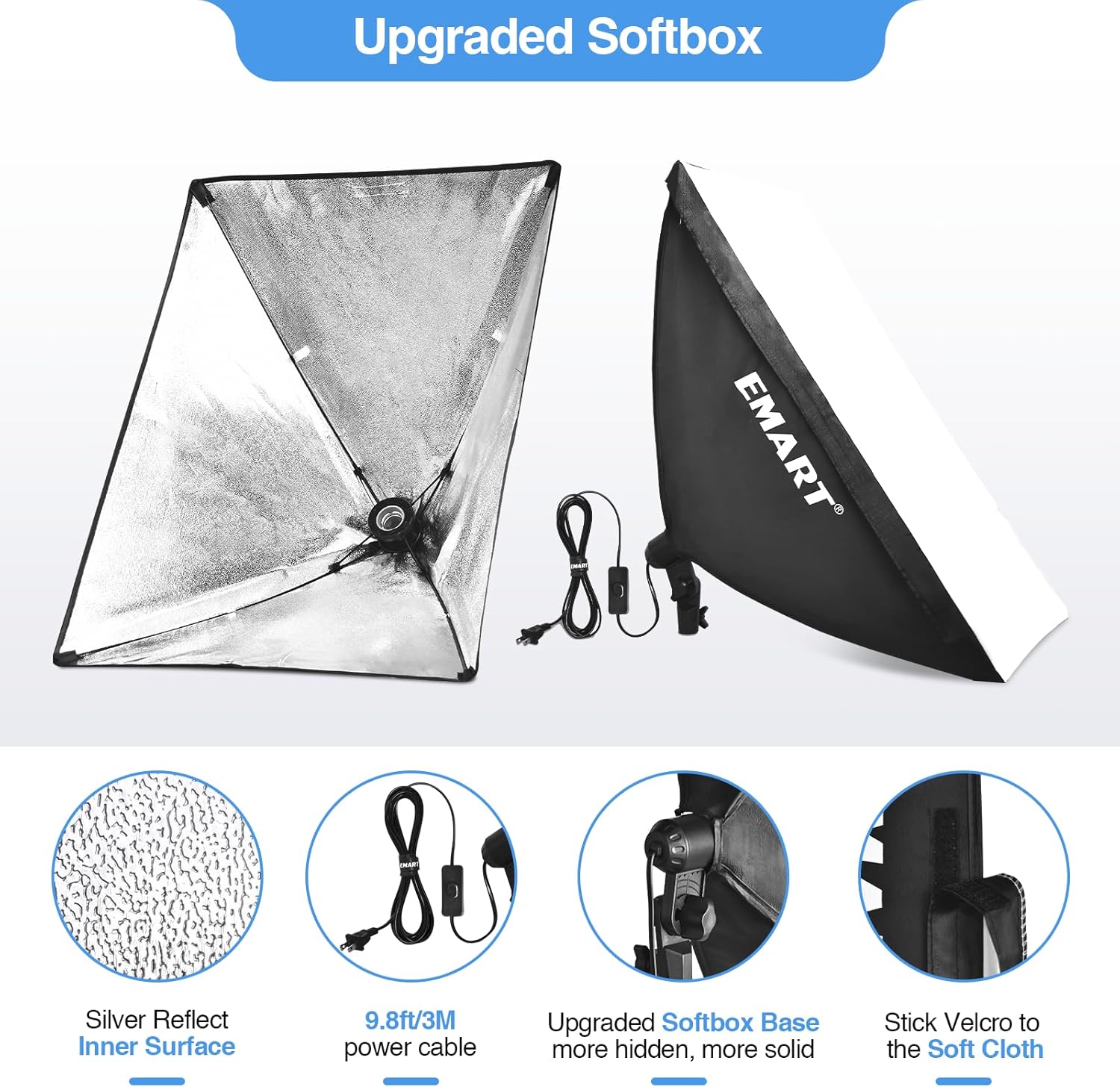 EMART softbox with silver reflective interior and power cable