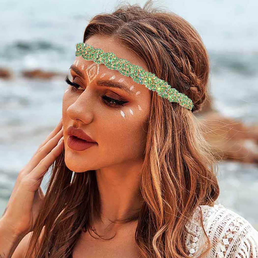 Women's Rhinestone Headbands Sparkly Elestic Hairband Vintage Metal Headbands Sparkly Elegant Party Daily Head Chain (Grass Green, M) - Image 4