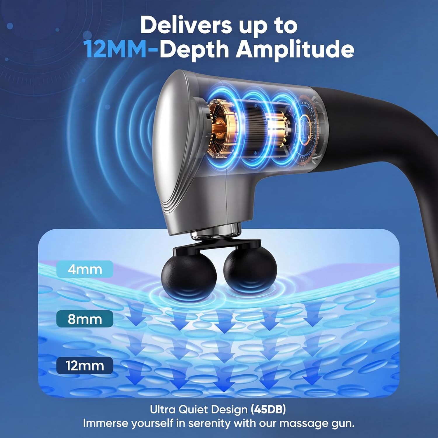 Long Handle Massage Gun for Back and Shoulders, Ergonomic Extended Reach Deep Tissue Massager, U-Shaped Dual Head Percussion Muscle Massager, 12 Speeds with 5 Heads, Quiet & Cordless