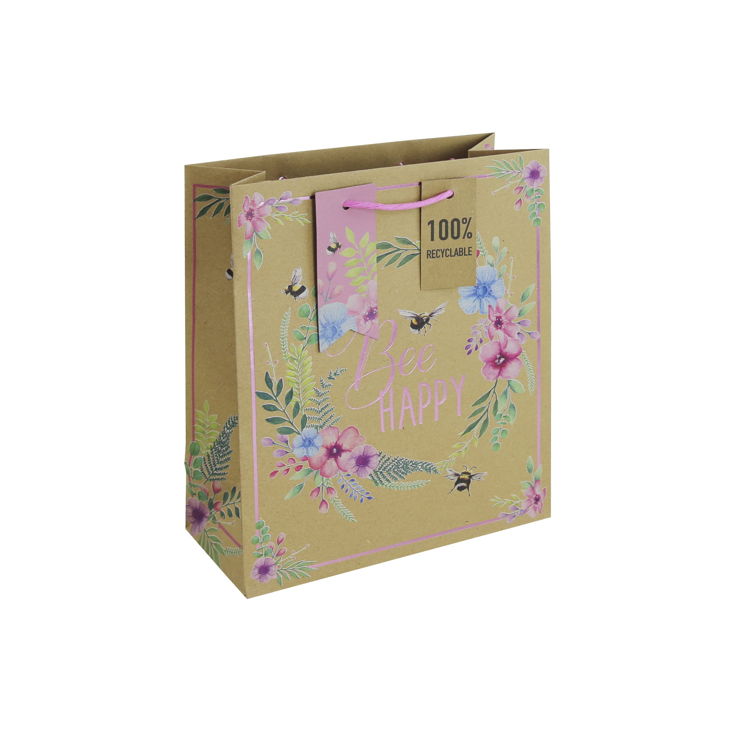 Eurowrap Floral Bee Happy Brown Kraft Paper Gift Bag 100% Recyclable with Gift Tag Spring Birthday Mothers Day Easter Valentines Medium