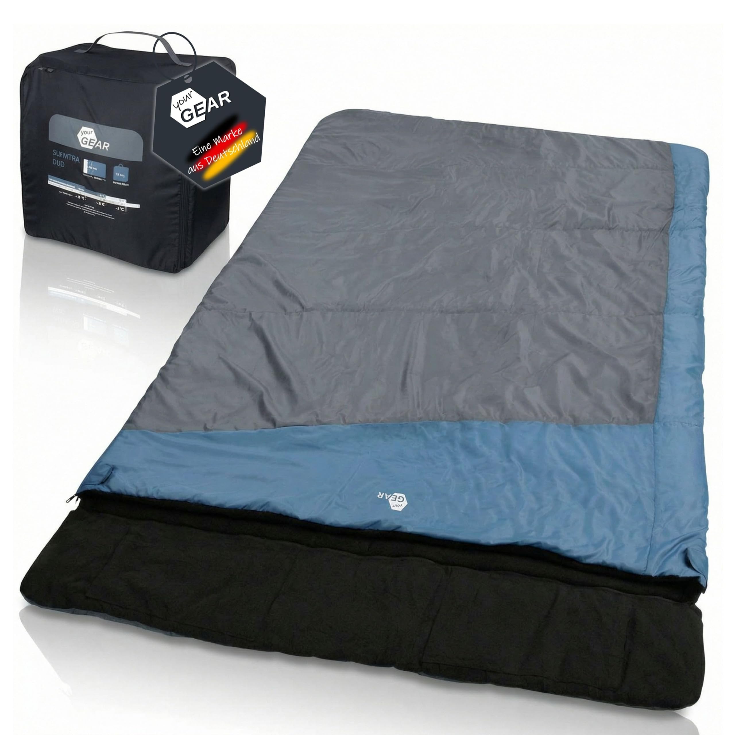 your GEAR Sumatra Duo - Saco de dormir para 2 personas (7 °C, doble manta, 230 x 160 cm, forro 100% algodón), color azul y gris