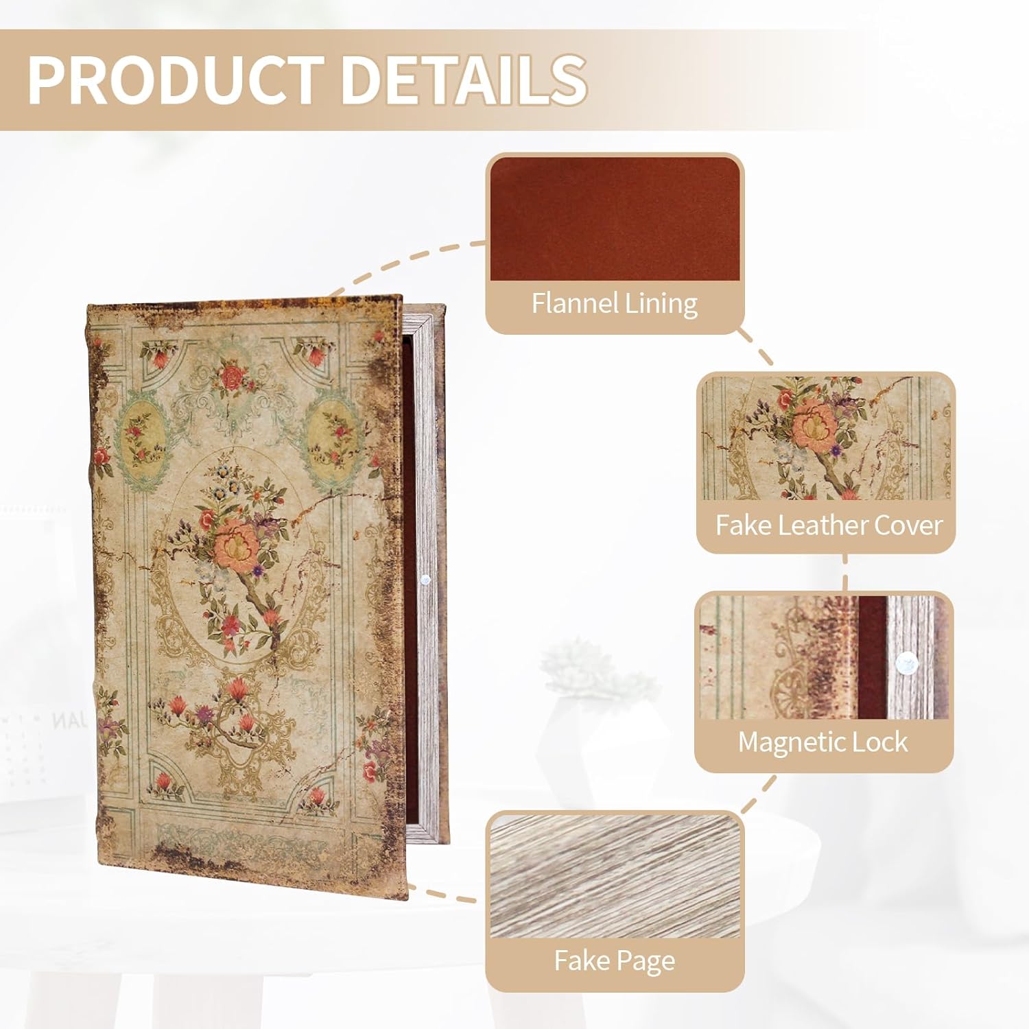 Decorative Vintage Book Shaped Trinket Storage Box Rose Pattern -24A-001,French Vintage Book Box Coffee Table Decoration