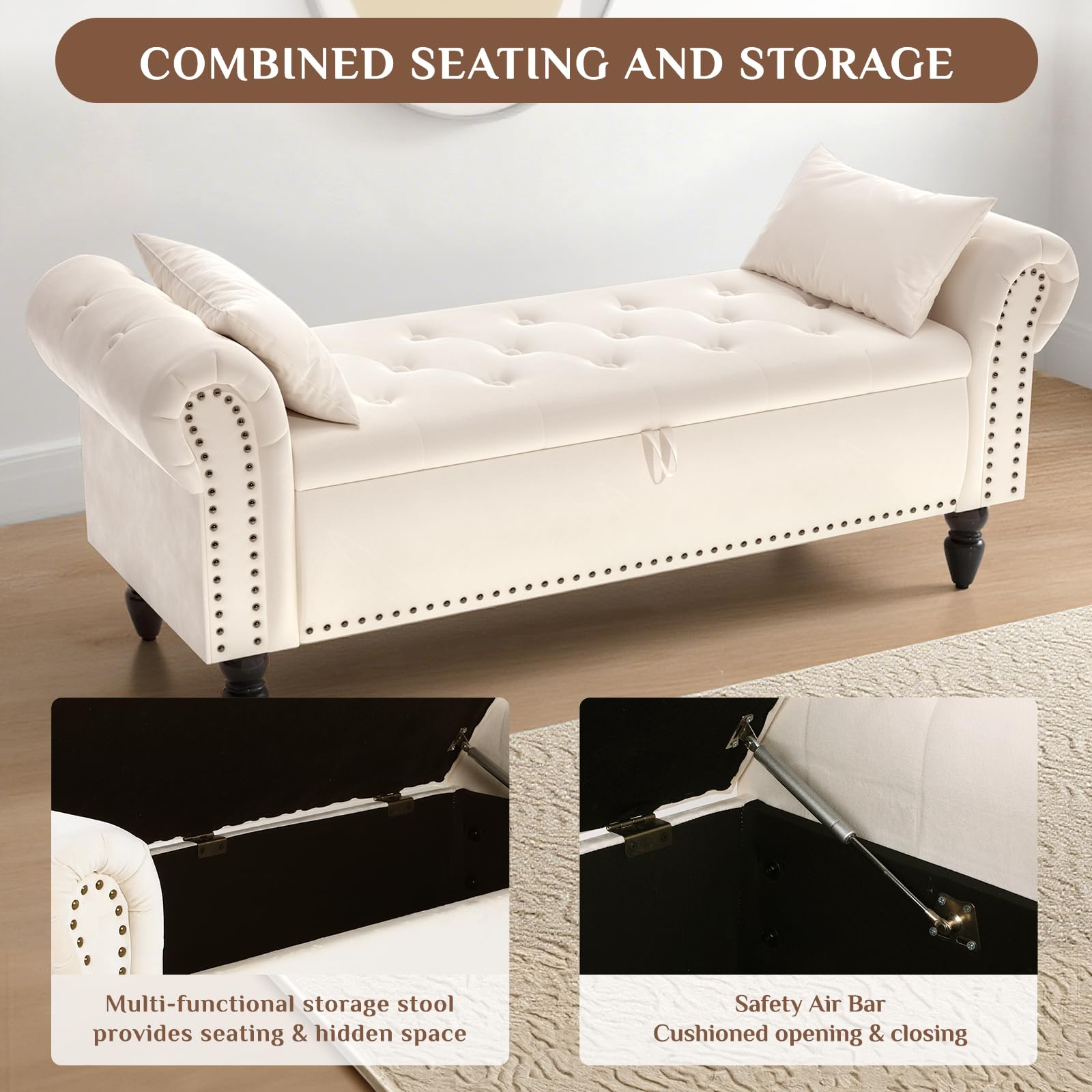 Clevich Sitzbank mit Stauraum 133cm, Samtmaterial, Umdrehen Mit Booster-Gasstange, Fußstütze mit stabilen Holzbeinen, Sofabank fur Flur, Schlafzimmer, Wohnzimmer, 133x53x46 cm, Beige
