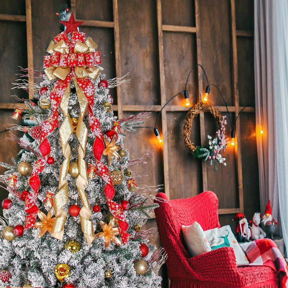 Christmas Tree Topper Wreath Bow Large Christmas Bow Tree Topper 52"x13" Red Gold Snowflake Patterned Gift Bows for Xmas Holiday Home Wedding Thanksgiving Indoor/Outdoor Decoration - Image 5