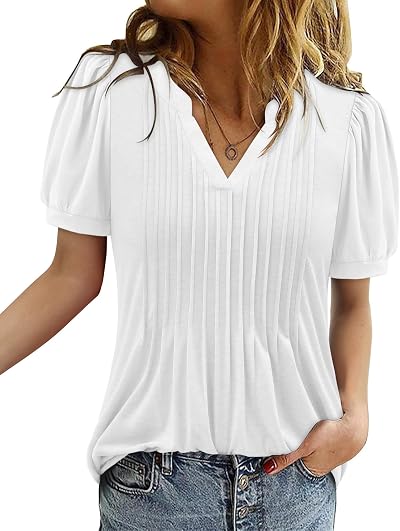 onlypuff Womens V Neck Pleated Tunic Tops Short Sleeve T-Shirt Summer Blouse Shirts S-3XL