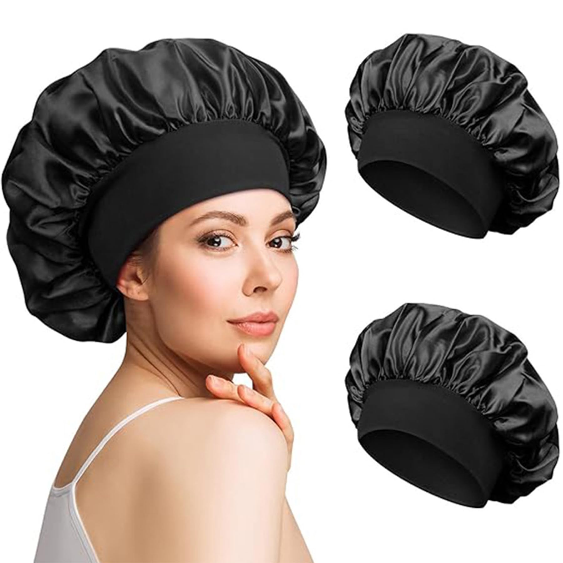 PhieeSeriy 2 Stück Seidenhaube zum Schlafen, Schlafmütze Satin Bonnet Nacht Schlaf mit Gummiband für Lange, lockige Haare, Weiche rutschfest Satin Haarhaube für die Nacht, Schwarz/Schwarz