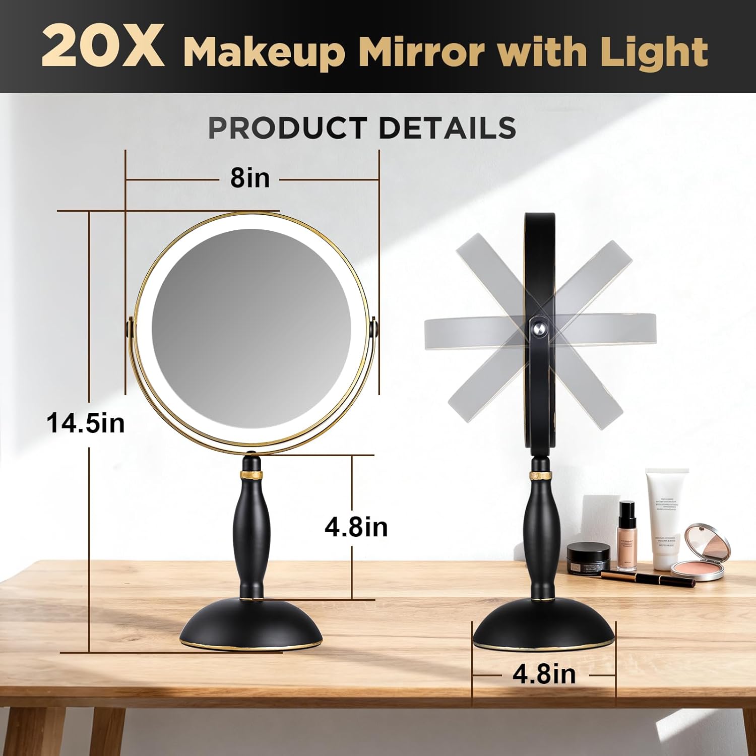 Lighted Makeup Mirror, 20x Magnifying Rechargeable Double Side Vanity Mirror, 3 Color Lights with Brightness Adjustable, Matte Black with Gold Trim, Modern Style Side Touch + Side Charge, Women Gift