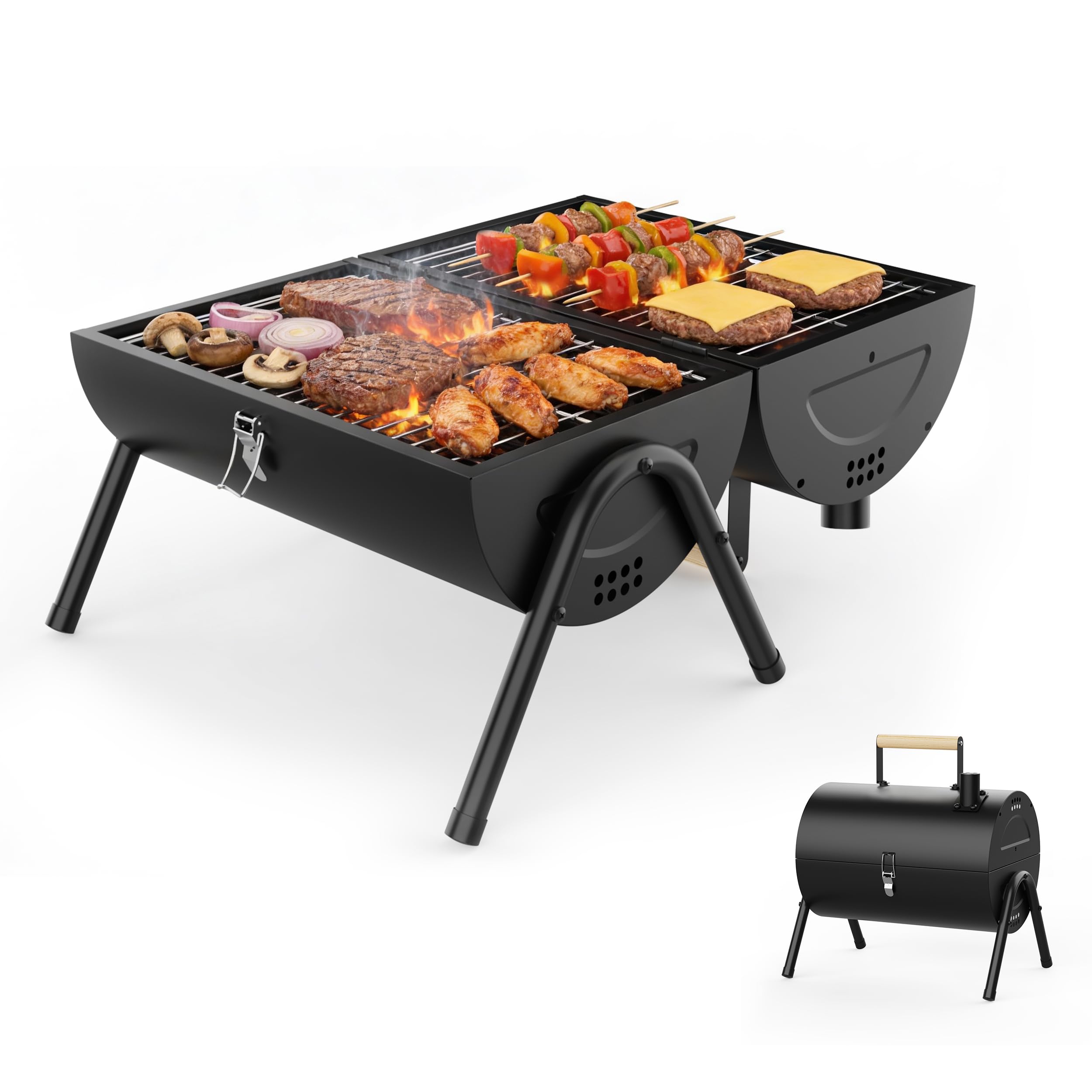 Barbecue portatile a carbonella – Piccolo barbecue da campeggio con griglia 2 in 1, griglia regolabile, compatta e leggera, per barbecue all'aperto, campeggio, picnic, cortile, spiaggia