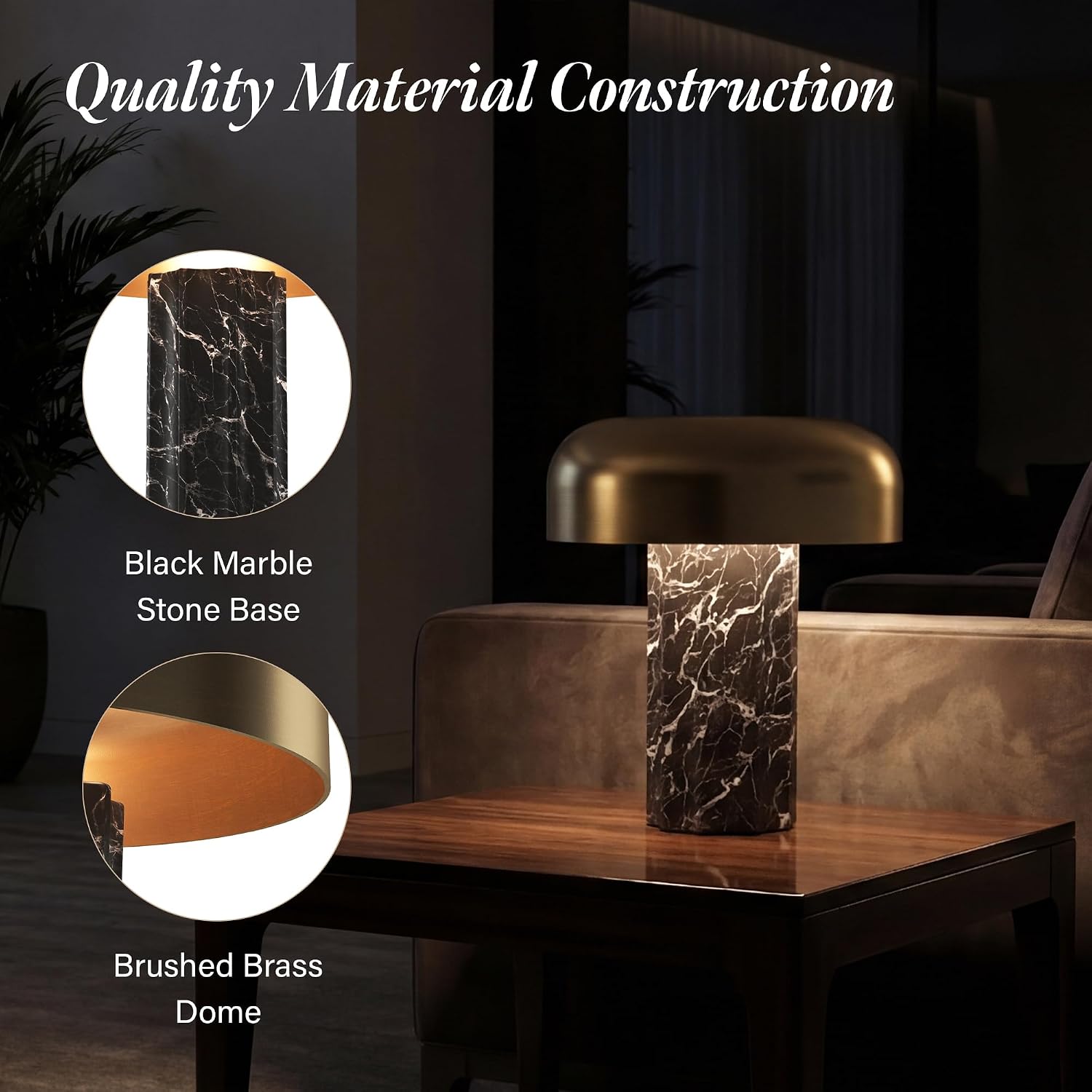 Bulbrite K70501 Kibun Fluted Column Rechargeable Cordless LED Table Lamp, 3-Levels Brightness Touch Sensor Control, Black Marble/Brushed Brass