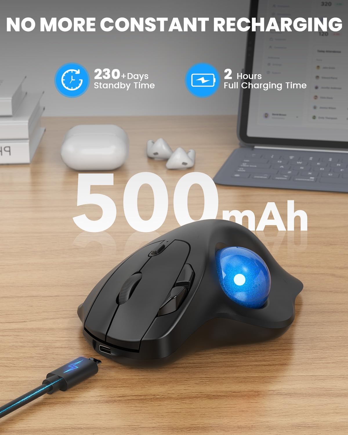 SABLUTE MAM2 Wireless Trackball Mouse with 5-Level DPI, Ergonomic Mouse Wireless 2.4G Plug-and-Play for 3 Devices (Bluetooth or USB Receiver), 500mAh Battery, Compatible with PC/Laptop/Mac-Blue Ball