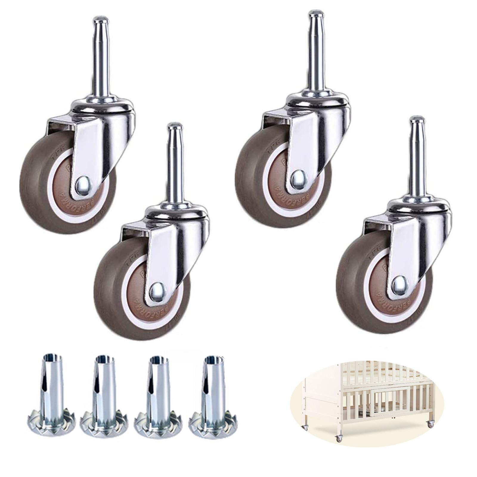 GBRJUYF 4 Pack Swivel Caster Wheels for Cribs & Office Chairs, 38mm Rubber Castors with Brakes, M8x38mm Mounting Stem, 80kg Load Capacity, Quiet & Durable Furniture Rollers