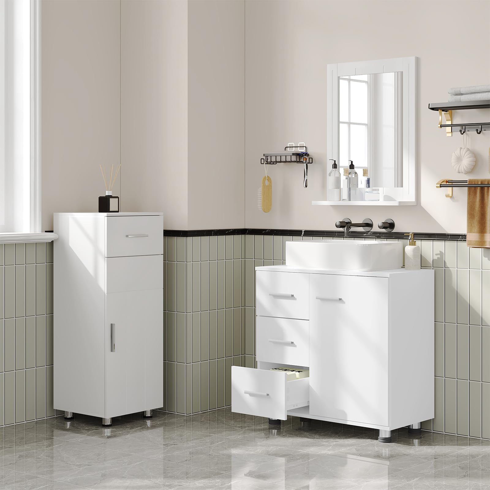 EUGAD Waschbeckenunterschrank, Badezimmerschrank mit 3 Schubladen, 2 Fächer hinter Tür, verstellbare Ablage, Badezimmer Unterschrank, Waschtischunterschrank weiß, 60x60x30 cm
