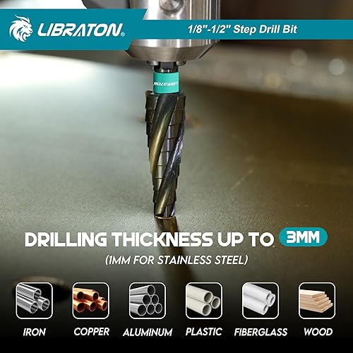 Miniatura 9 de LIBRATON Juego de brocas con paso de flauta en espiral, M35 cobalto Unibit 18"-12", brocas escalonadas revestidas AlTiN, cuatro flautas en espiral,