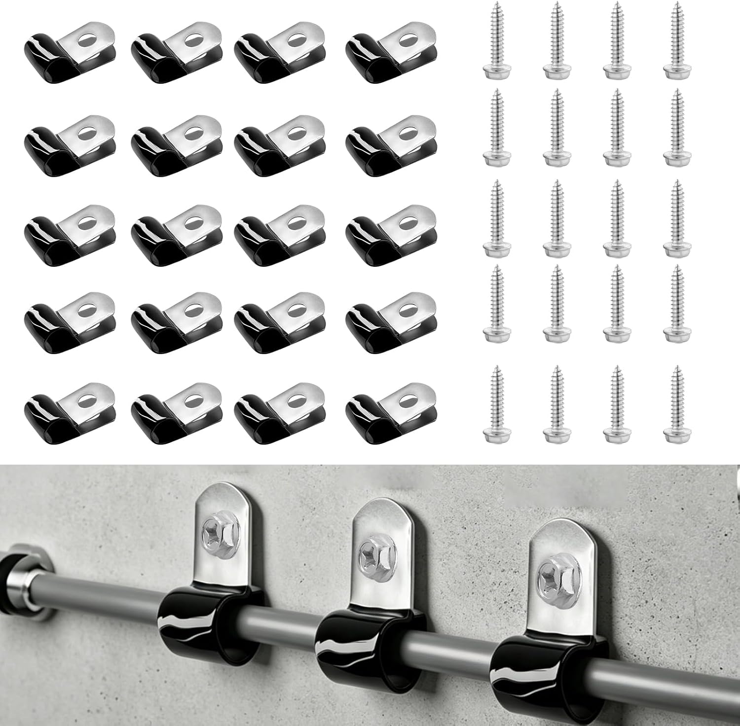 Brake Line Clips 20PCS, 3/16" Stainless Steel Rubber Coated with 20 Screws