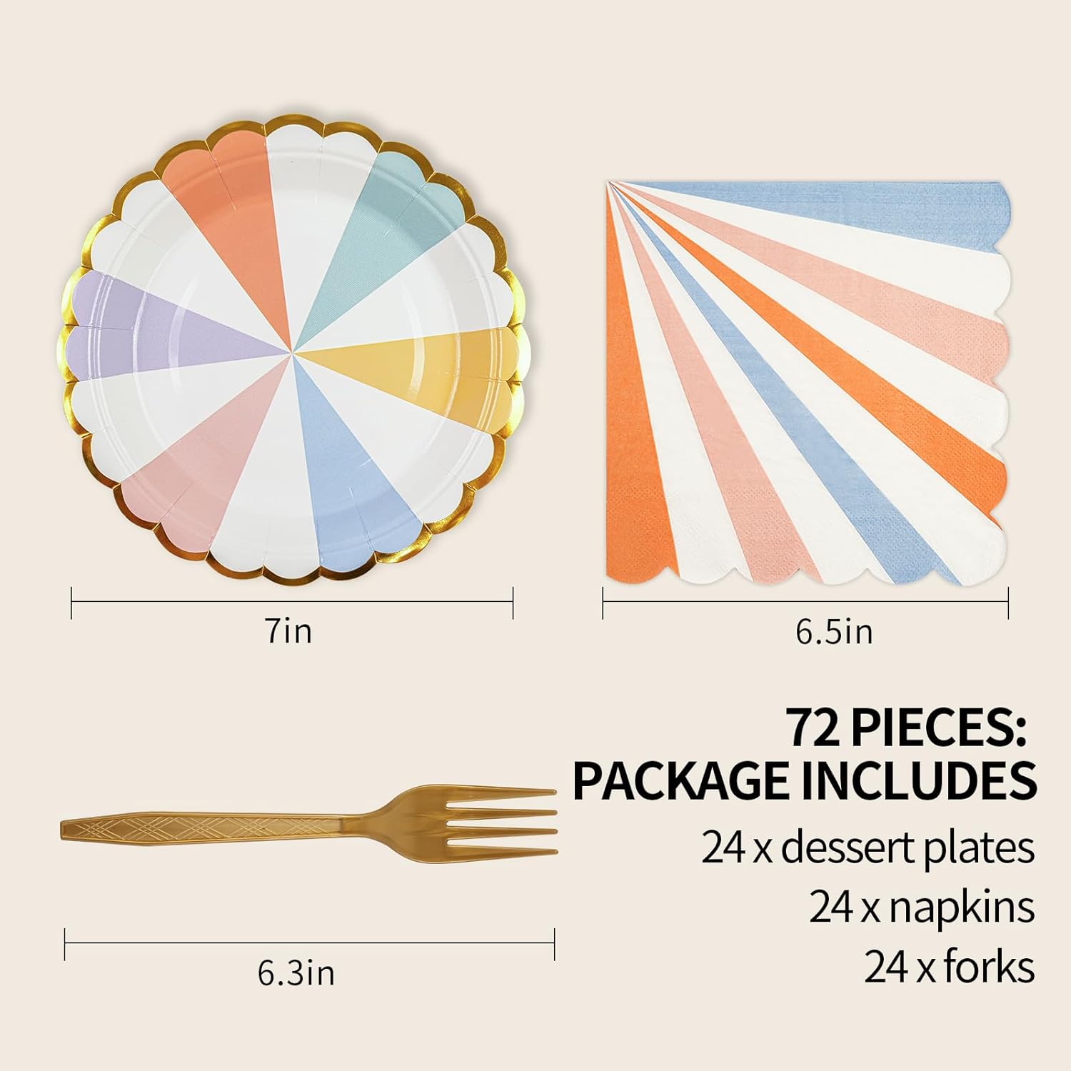 72PCS Colored Paper Plates and Napkins Party Supplies, Gold Foil Edge Scalloped Striped Pastel Plates Napkins Disposable Tableware Set for Birthday Wedding Baby Shower Graduation Party Decoration - Image 2