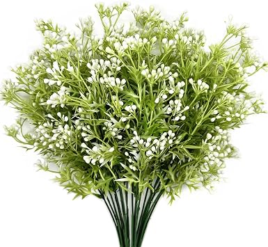 PASYOU Artificial Plants, Fake Plastic Pearl Bouquet Faux White Flowers Bushes Greenery Shrubs Decor for Indoor Outdoor Home Garden Office Table Vase DIY Decoration Planter Filler 4 Pack