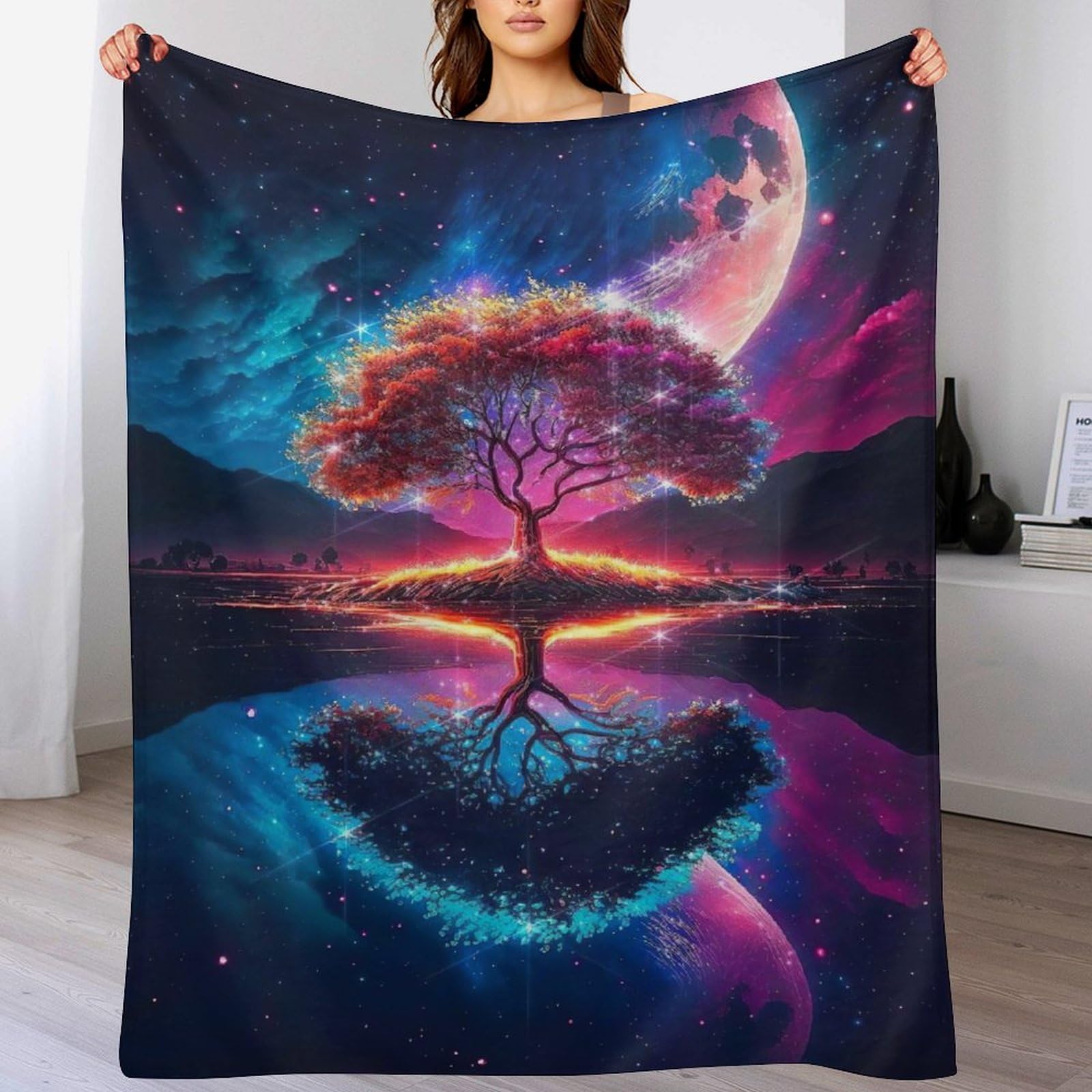 Plaid Couverture Flannel Arbre de Vie Chaude et Douce Contre le Froid du Lit