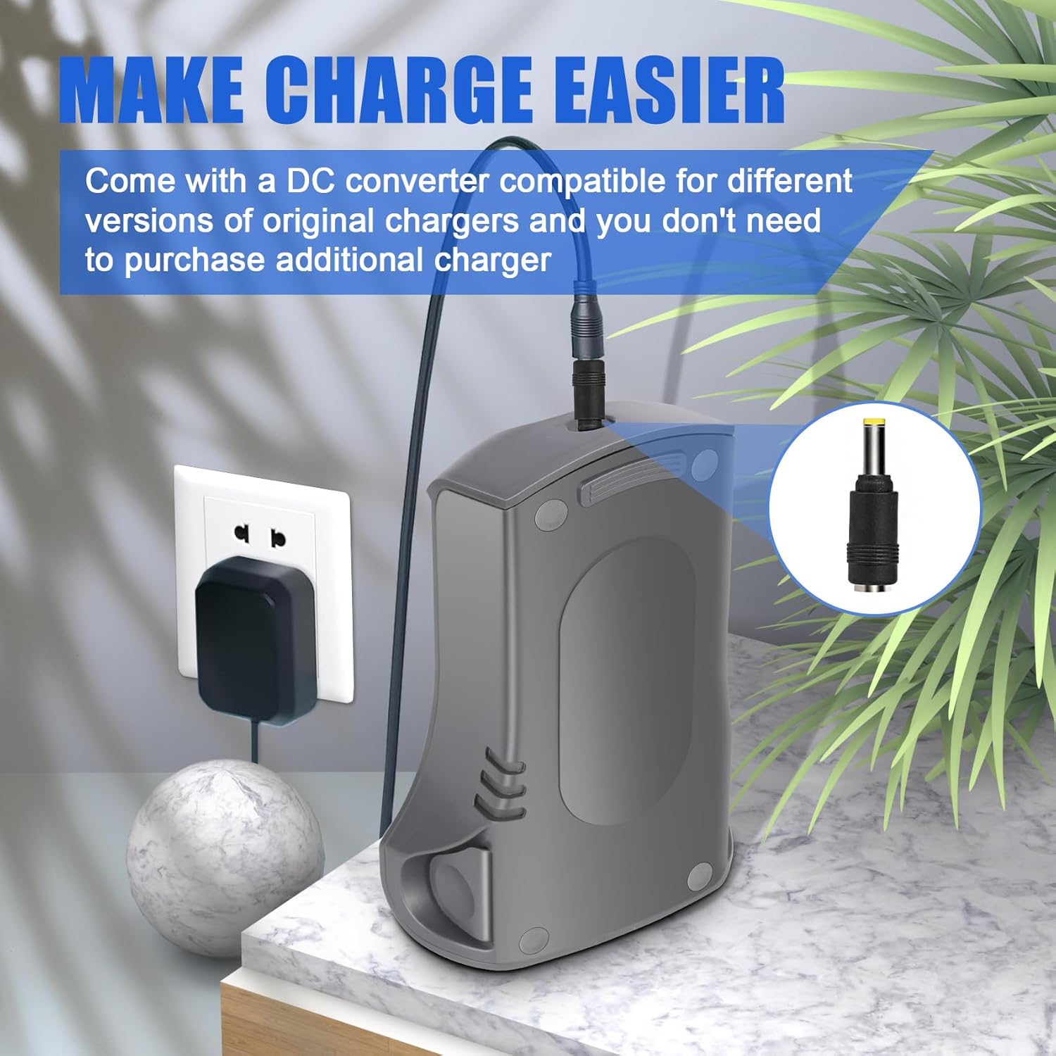 KUNLUN XSBT620 battery being charged with a DC converter and wall adapter