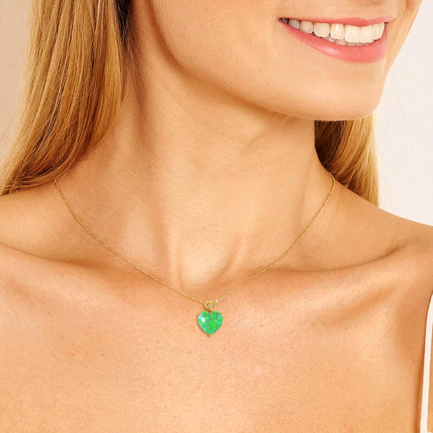 14K Yellow Gold Love Heart Opal Necklace for Women,3 Carat Heart-Cut Created October Birthstone Pendant Anniversary Birthday Mother's Day Christmas Necklaces for Her Wife 16+2 inch