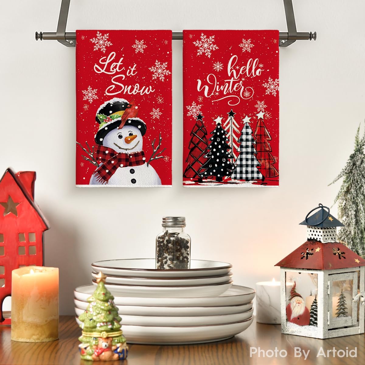 Artoid Mode Red Snowman Let It Snow Xmas Trees Hello Christmas Dish Towels 18 x26 Inch 2 pcs and Table Runner 13x72 Inch