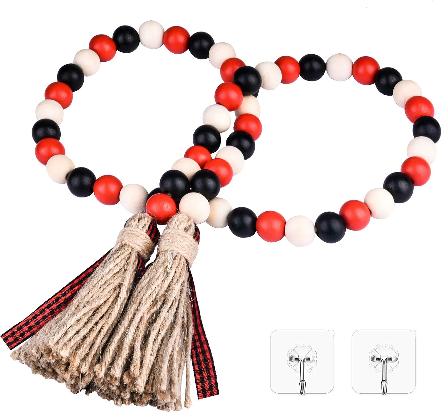 YEHUONU Wood Bead Garland Set with Tassels, Prayer Beads Farmhouse Beads Wall Hanging Decoration with 2 Pcs Transparent Adhesive Hooks (Black/Red/Natual)