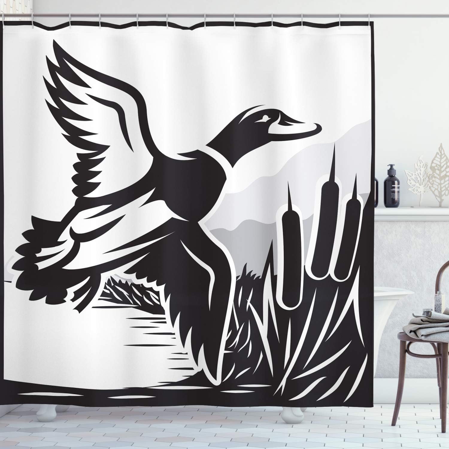 Ambesonne Duck Hunting Shower Curtain, Bold Monochrome Computer Graphics of a Flying Duck Over The Water, Cloth Fabric Bathroom Decor Set with Hooks, 69" W x 75" L, Charcoal Grey and White