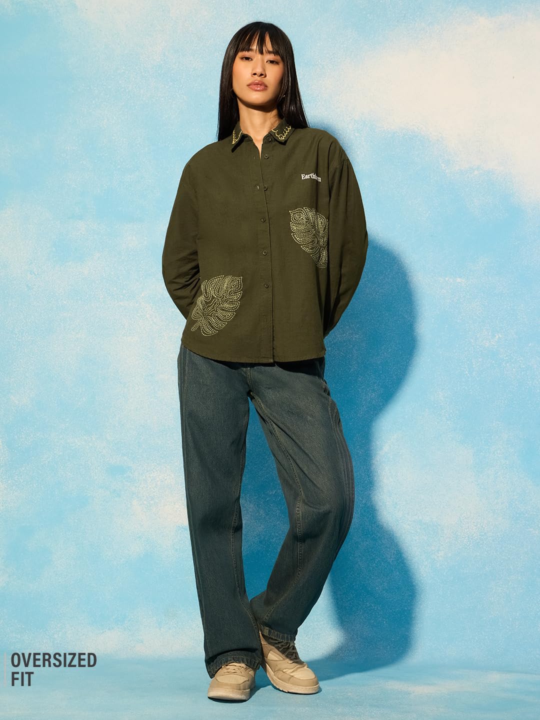 The Souled Store Earthborn - Camicia a maniche lunghe da donna e ragazza, a maniche lunghe, con ricamo verde oliva scuro, in cotone e lino, vestibilità ampia, leggera, per uso quotidiano
