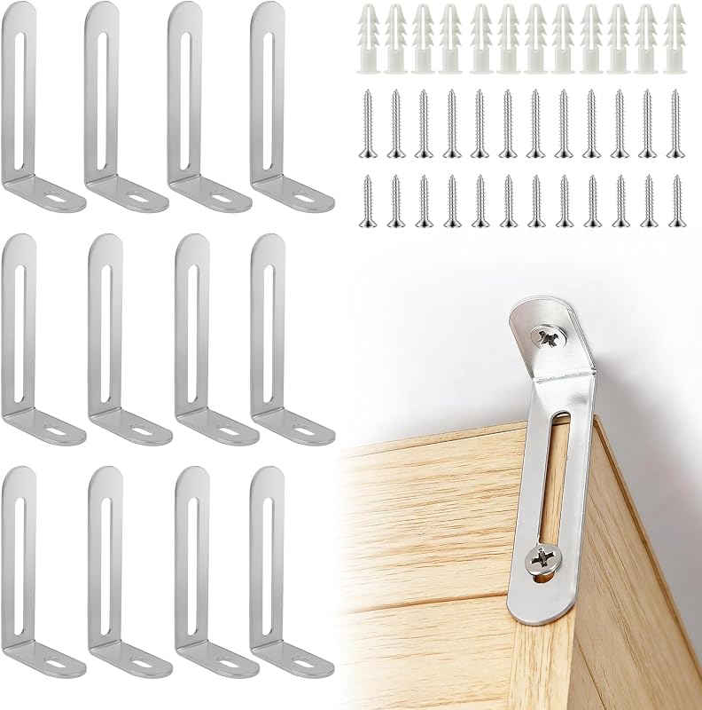 Anclajes para muebles antivuelco, anclajes de pared de acero, paquete de 12, plateados | Los anclajes de pared para muebles ayudan a asegurar tocadores, gabinetes y estanterías para la seguridad de bebés y mascotas con una instalación rápida y sencilla.