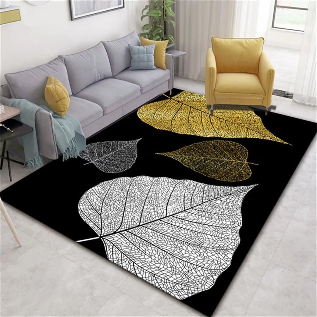 Tapis fille chambre et salon au design de feuilles grises et jaunes
