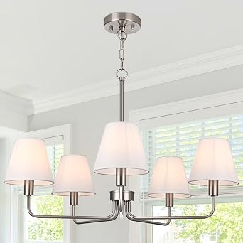 TODOLUZ 5-Light Brushed Nickel Dining Room Chandelier, Height Adjustable Hanging Pendant Light with E12 Base & White Linen Shades, Modern Kitchen Island Lighting Over Table