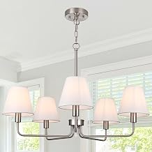 TODOLUZ 5-Light Brushed Nickel Dining Room Chandelier, Height Adjustable Hanging Pendant Light with E12 Base & White Linen Shades, Modern Kitchen Island Lighting Over Table