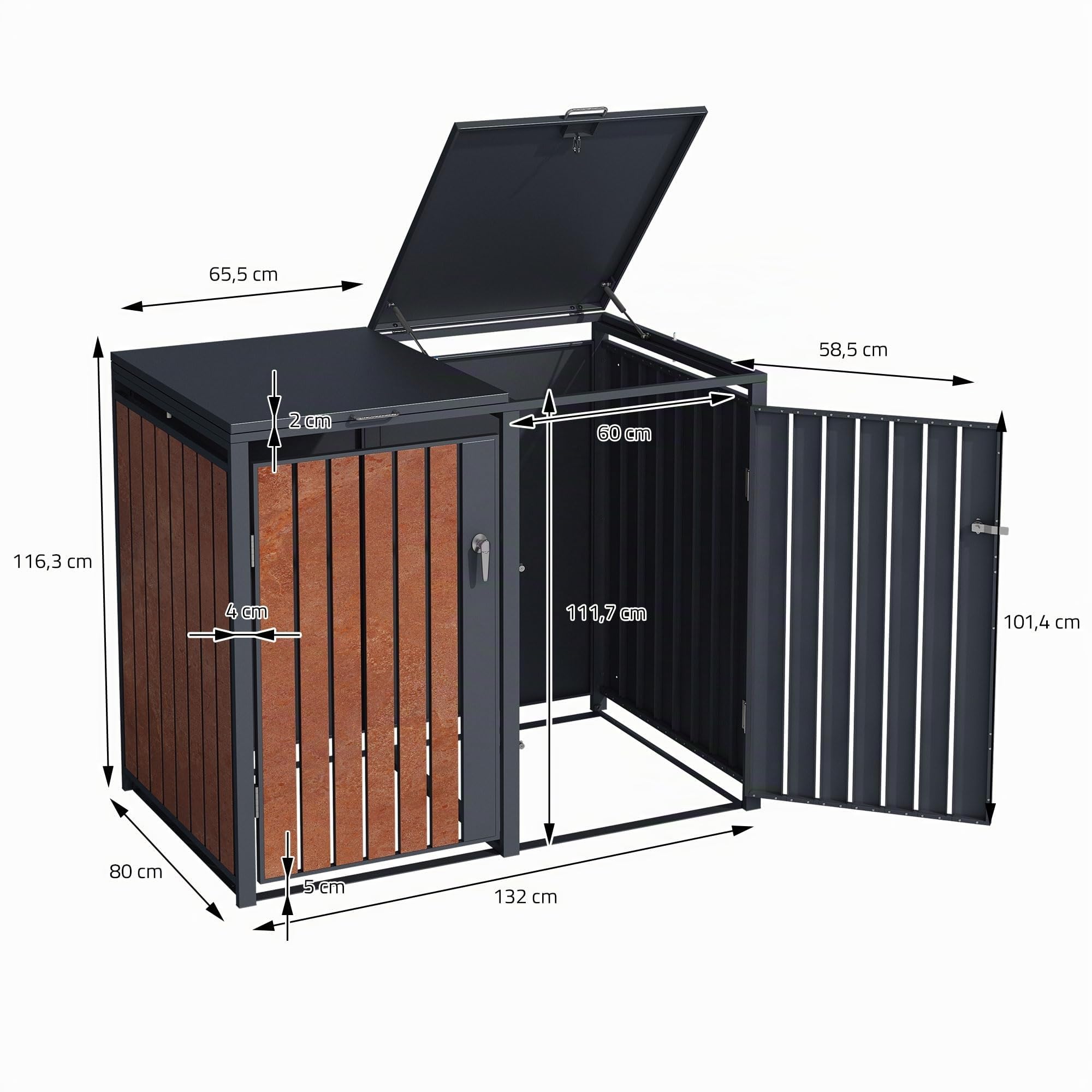 ML-Design 2x Copribidone Doppio per Rifiuti 240L 264x80x116,3 cm Antracite Effetto Ruggine in Acciaio Box per Spazzatura Copribidone 4 Porte per Pattumiera da Esterno Capanno da Giardino