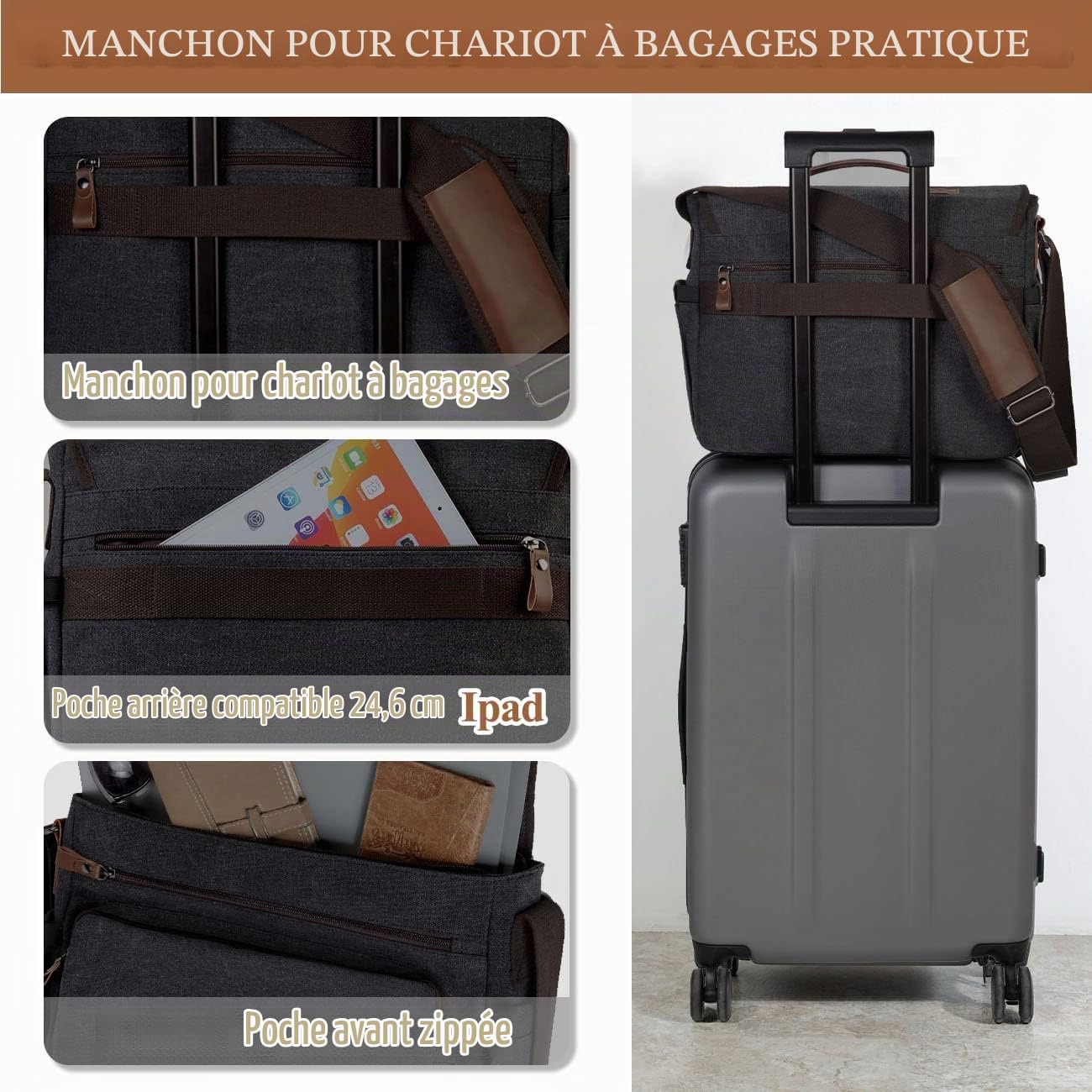 VASCHY Sacoche Homme Bandouliere, Sacoche Ordinateur Portable 15.6 Pouces avec Poignée Supérieure Grande Résistant à L'eau Messager en Toile pour Homme Femme pour Le Bureau, École (Gris Foncé