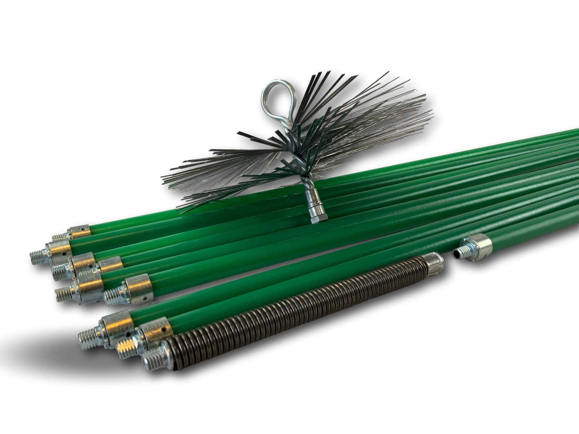 Kit Profesional de Limpieza para conductos no revestidos | Cepillo de Acero | Ø 250 mm | 12 m con 9 Varillas autobloqueantes Ø 18 mm Huecas | Resorte de Inicio | Chimeneas | Kibros 5KIT25ALO | Cañas verdes Ø 18 mm huecas 8×1,4 m+1×1 m, muelle de salida, c