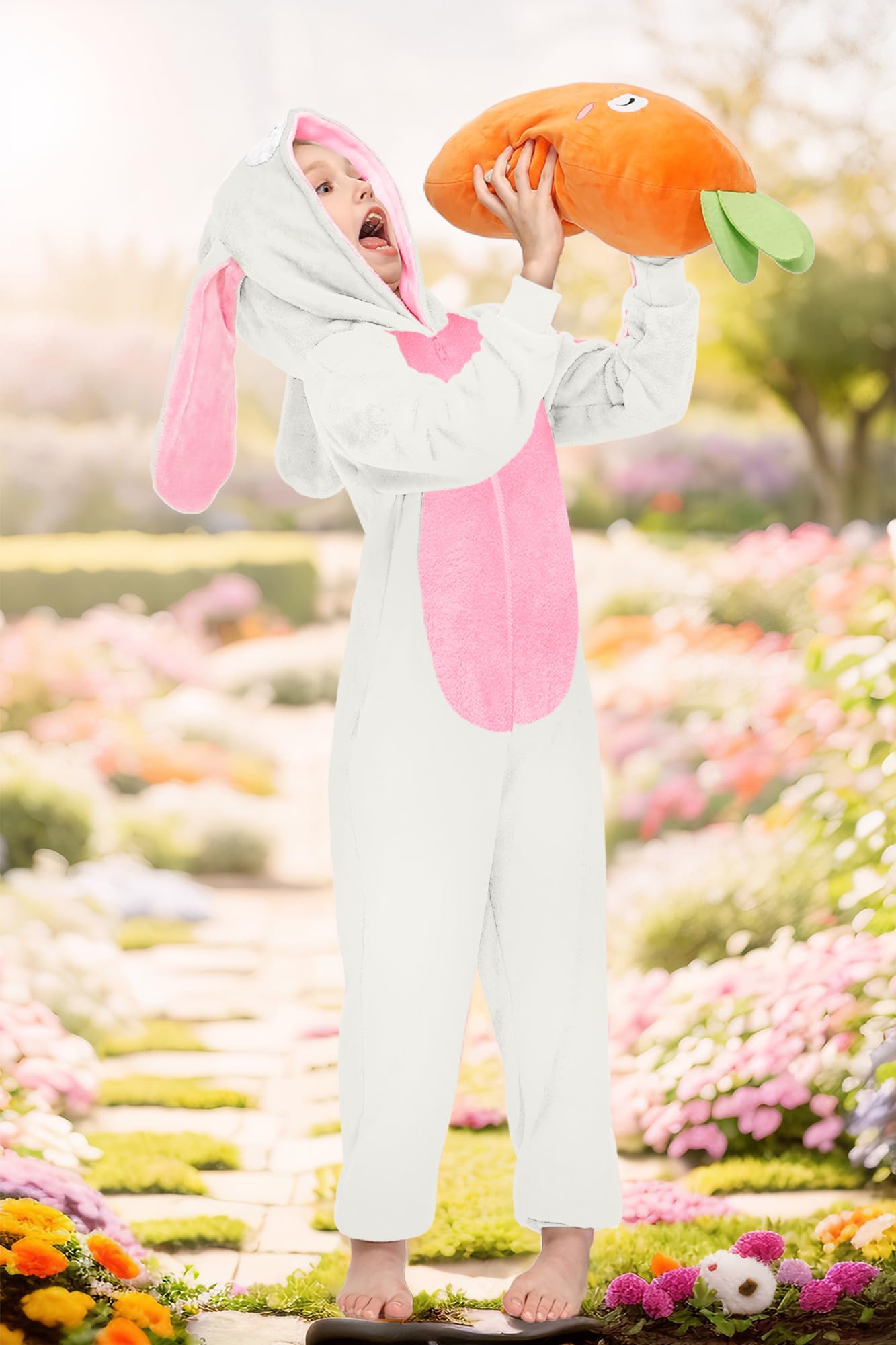 BesserBay Tuta intera unisex per bambini, con cappuccio, per Halloween, coniglietto peloso, 4-14 anni, Bianco | Tuta Coniglio, 8 anni