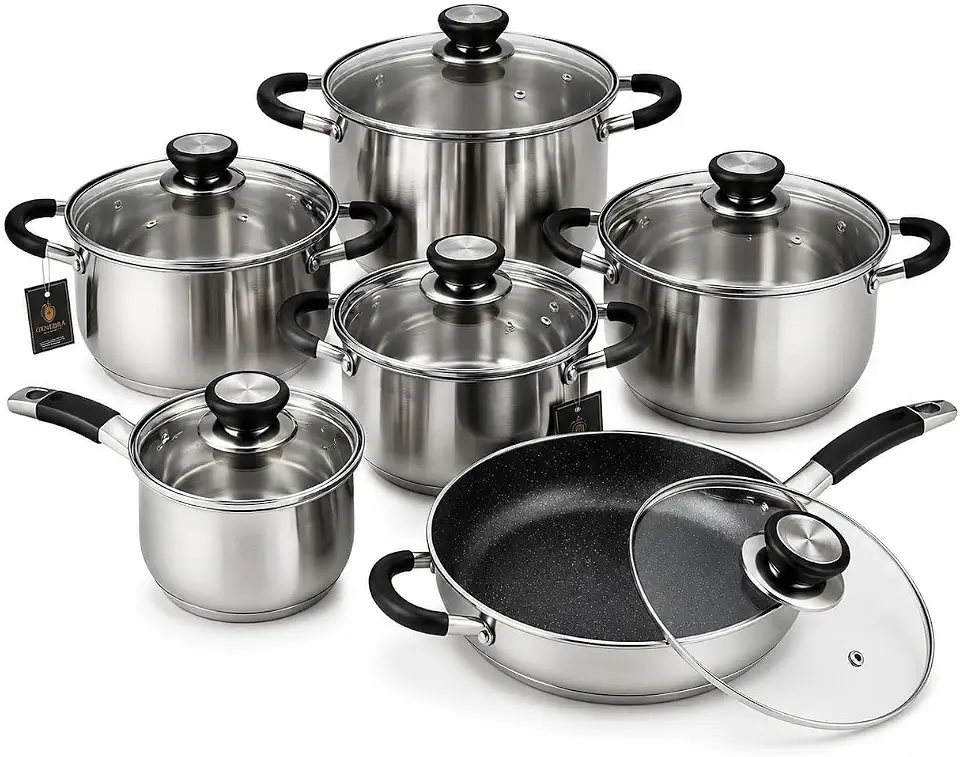 Jogo de Panelas Inox 12 Peças Fundo Triplo Compatível Indução Frigideira Cerâmica Kit Completo Premium