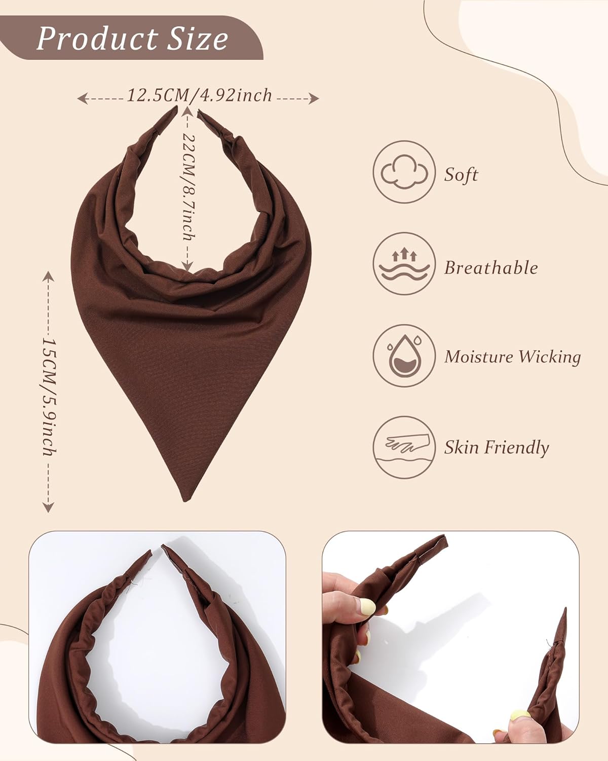 HAIMEIKANG Floral Hair Scarf Headbands for Women Boho Bandanas for Women Triangle Kerchief Solid Color Hair Bands Vintage Head Scarf (Black+Coffee+Beige) - Image 3