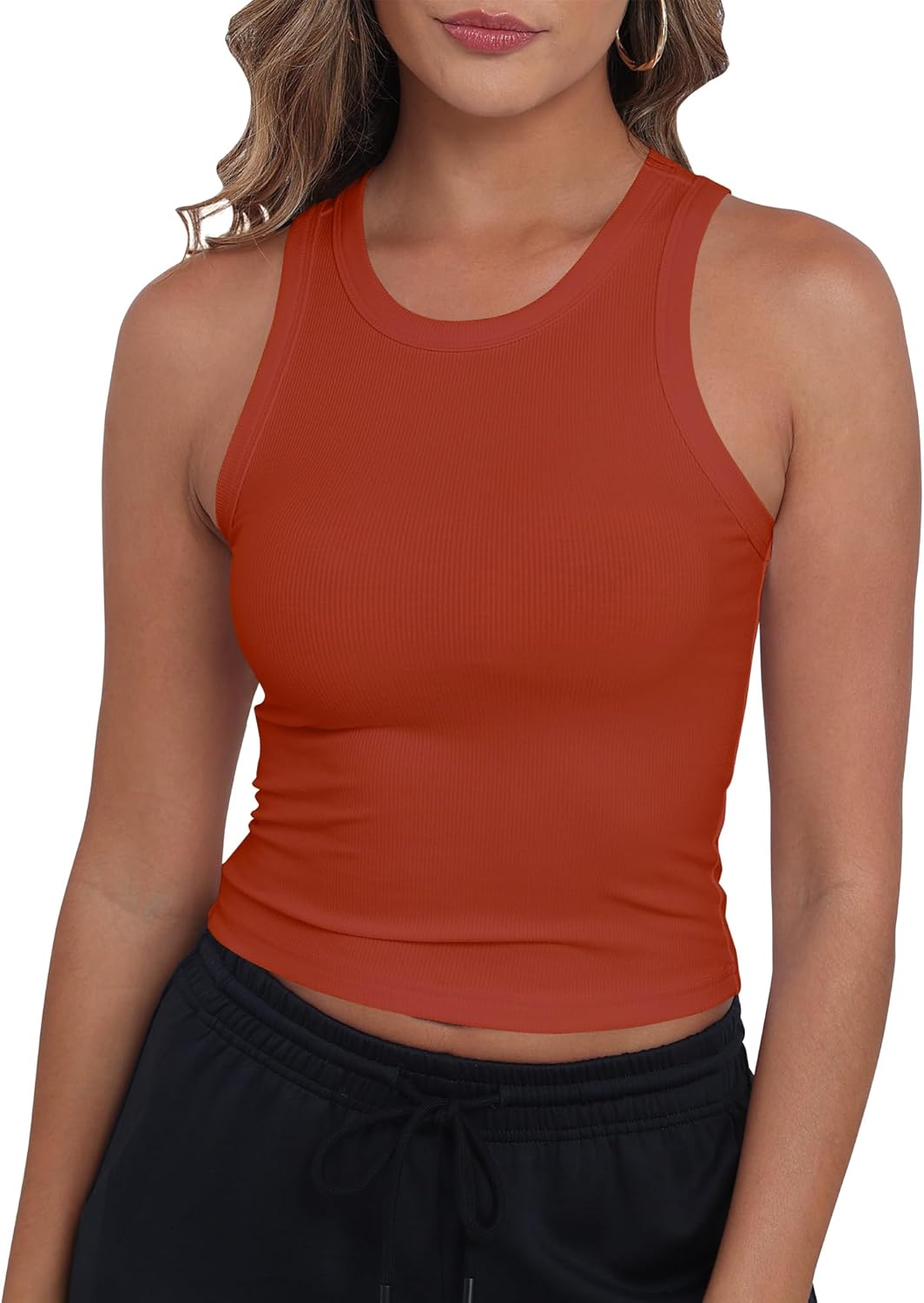 GEMBERA Womens Sleeveless High Neck Racerback Ribbed Knit Fitted Basic Cotton Cropped Tank Top