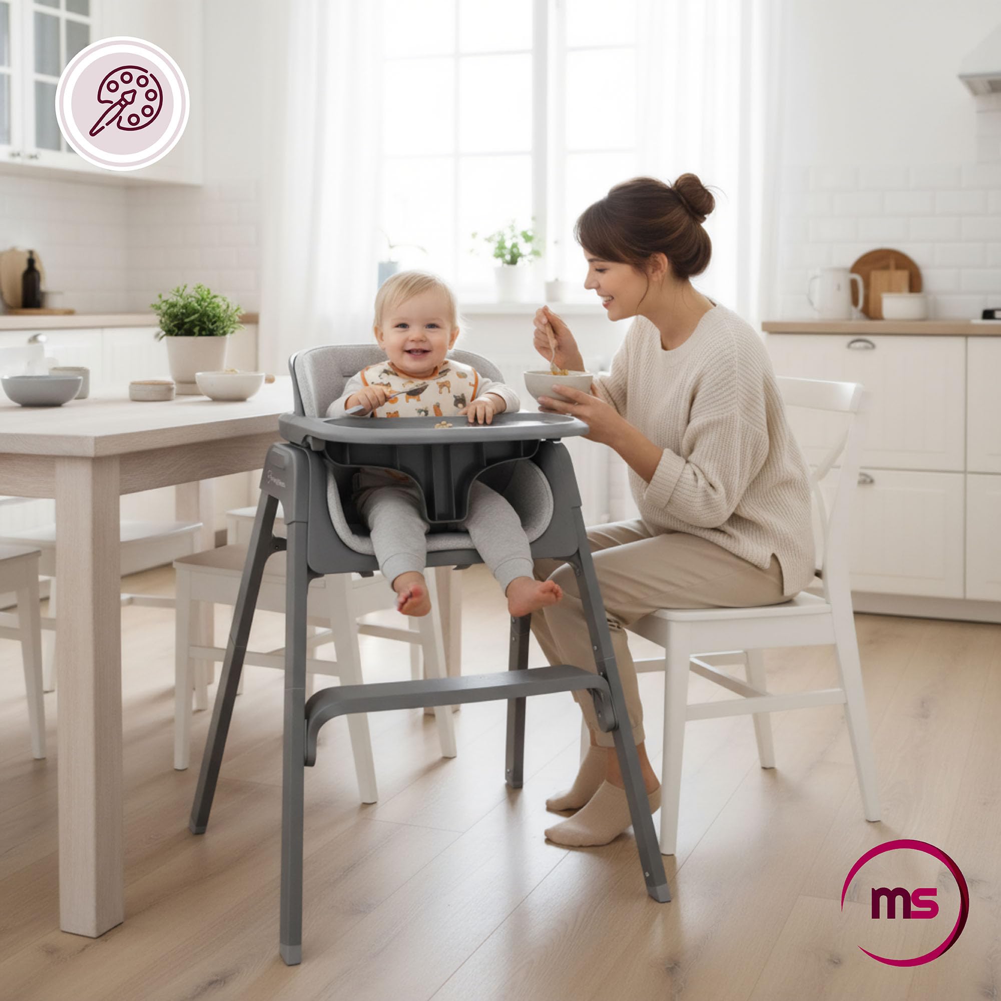 Moby-System Noxi 3w1 Składane Krzesełko do Karmienia Szare, Dwupoziomowe dla Dziecka od 6 Miesięcy, Wysokie i Niskie z Tacką, Nowoczesny Design