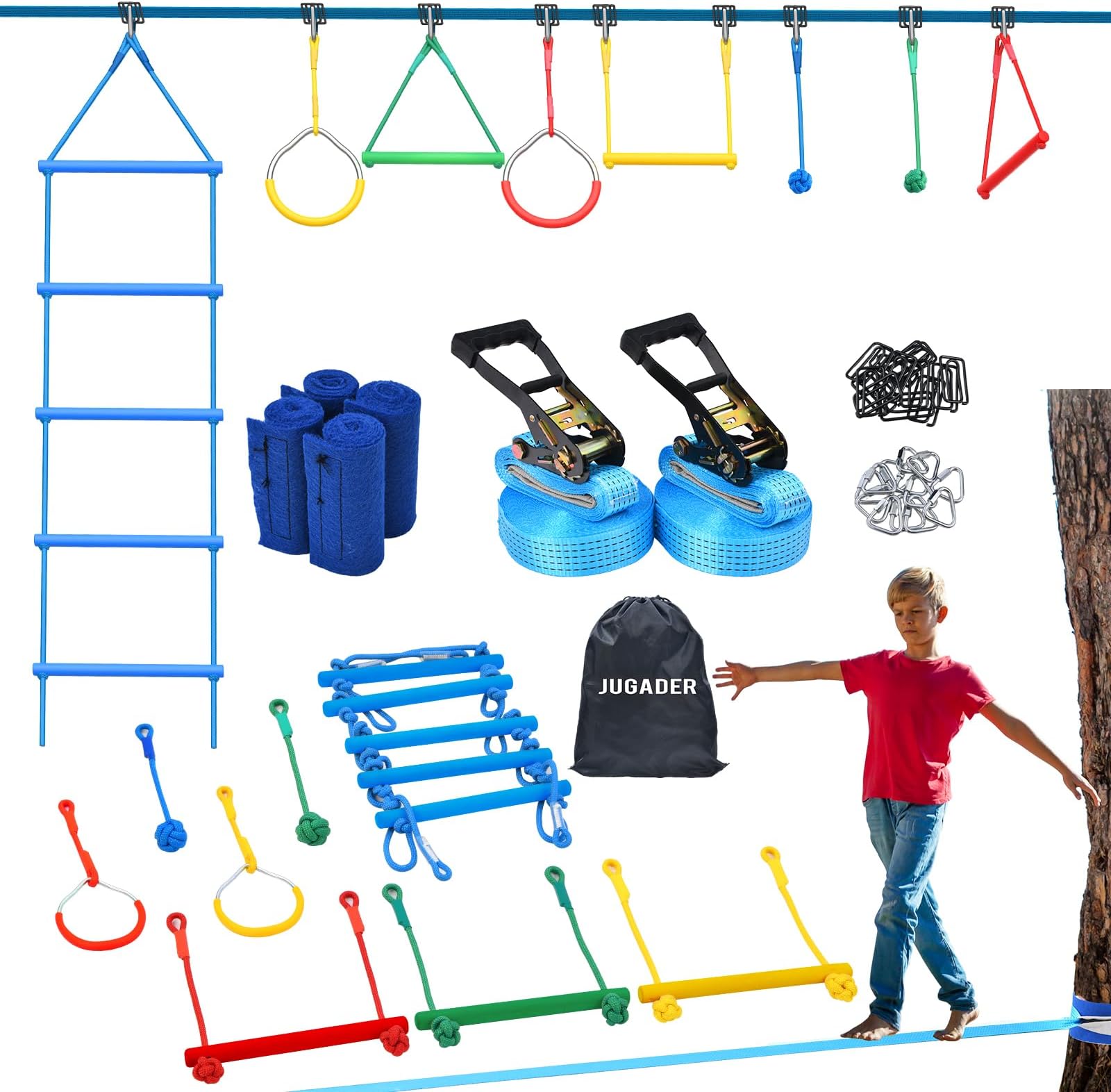 Jugader 2X50ft Ninja Warrior Obstacle Course for Kids with Pulley, Ninja Warrior Slackline Kit with Accessories, Monkey Bars, Gym Rings,Climbing Ladder