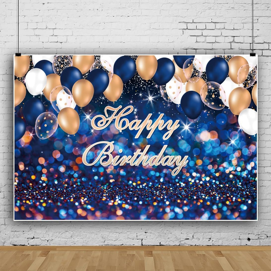 Renaiss 7x5ft Happy Birthday Backdrop Banner for Photoshoot Bright Glittering Royal Blue Birthday Photography Background Men Women Kids Birthday Party Decor Navy Blue and Gold Bday Photo Booth Prop