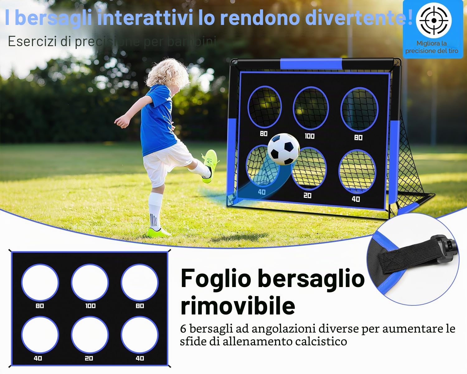 Porta da calcio 2 in 1 con parete con bersagli: porte da calcio pop-up per giardino, bambini e spazi aperti - Porta singola pieghevole con 6 bersagli, borsa per il trasporto per parco, spiaggia