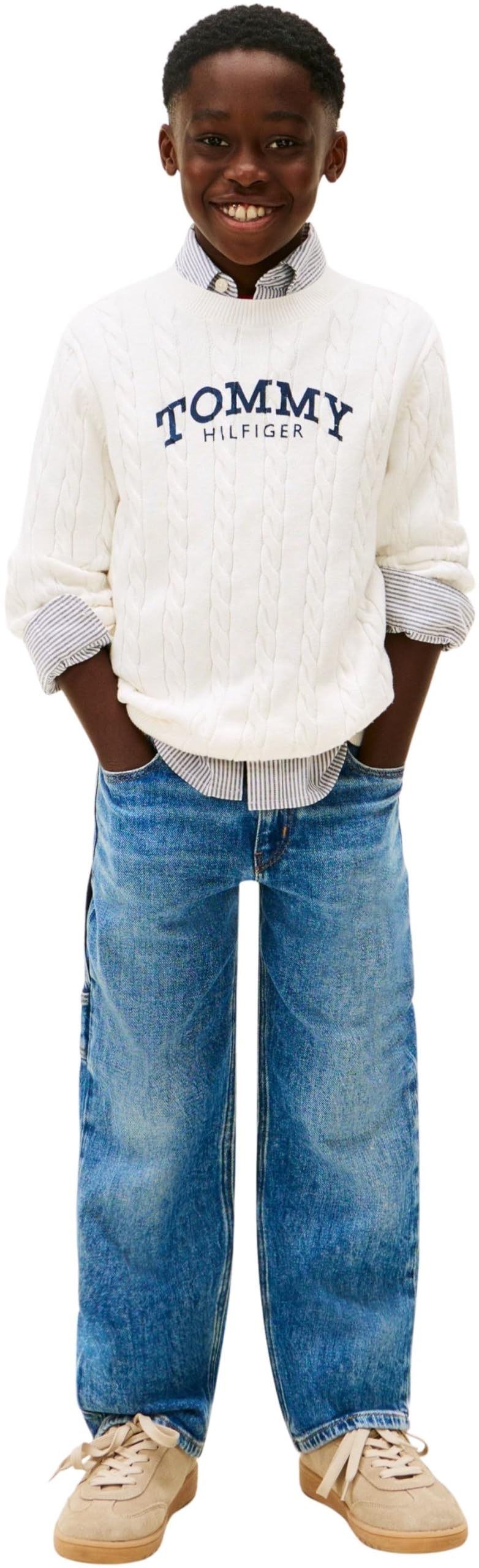 Tommy Hilfiger Jungen Pullover Graphic Cable Sweater Zopfmuster, Weiß (Ivory Silk), 4 Jahre