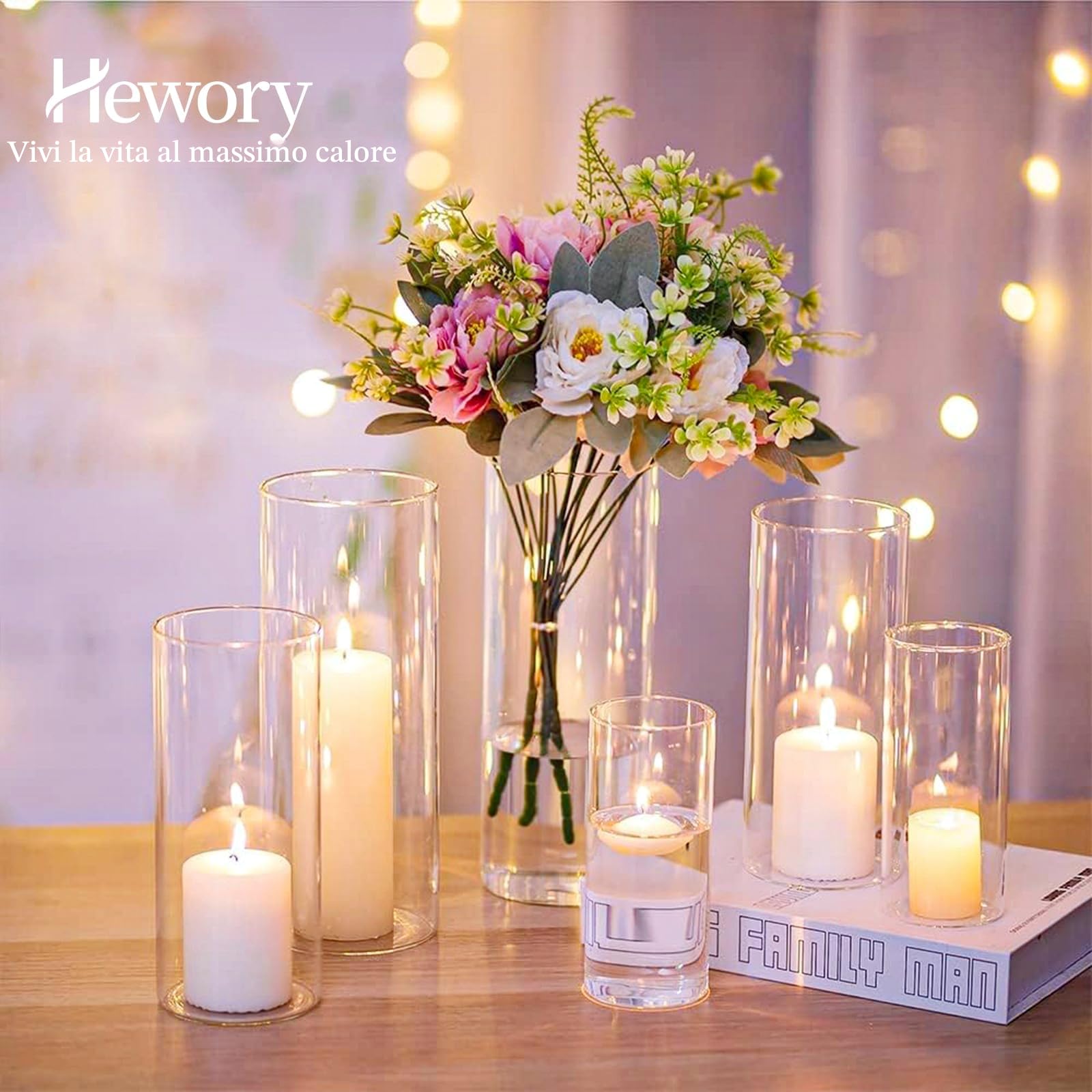 Portacandele Vetro Vaso Candele Galleggianti: Hewory Set di 12 Porta Candela Cilindrici in Vetro Trasparente Vasi per Centrotavola Decorative Cilindrico Candelabro