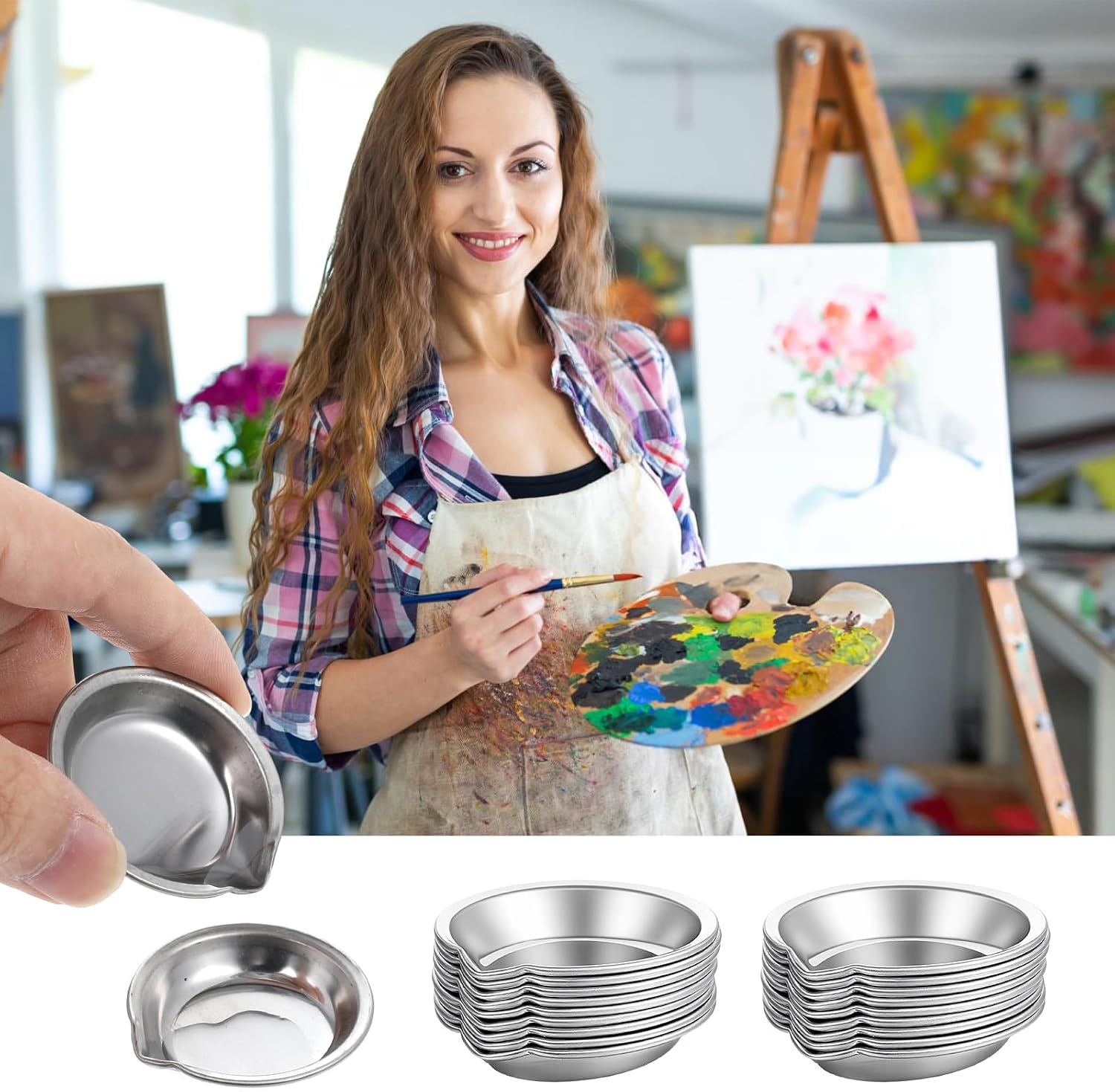 JJUNW 18 Pcs Stainless Small Paint Tray, 2in Round Painting Color Palette, Makeup Palette Metal Mini Mixing Palettes Tray Painting Set Suit for DIY Art Craft Watercolors