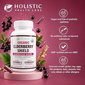 Max Strength USDA Organic Black Elderberry, Black Currant Extract & Echinacea | 3 in 1 Natural Immune Support & Vitamin C | Sugar-Free, Vegan-Friendly | Homeopathic Remedy | 60 Count