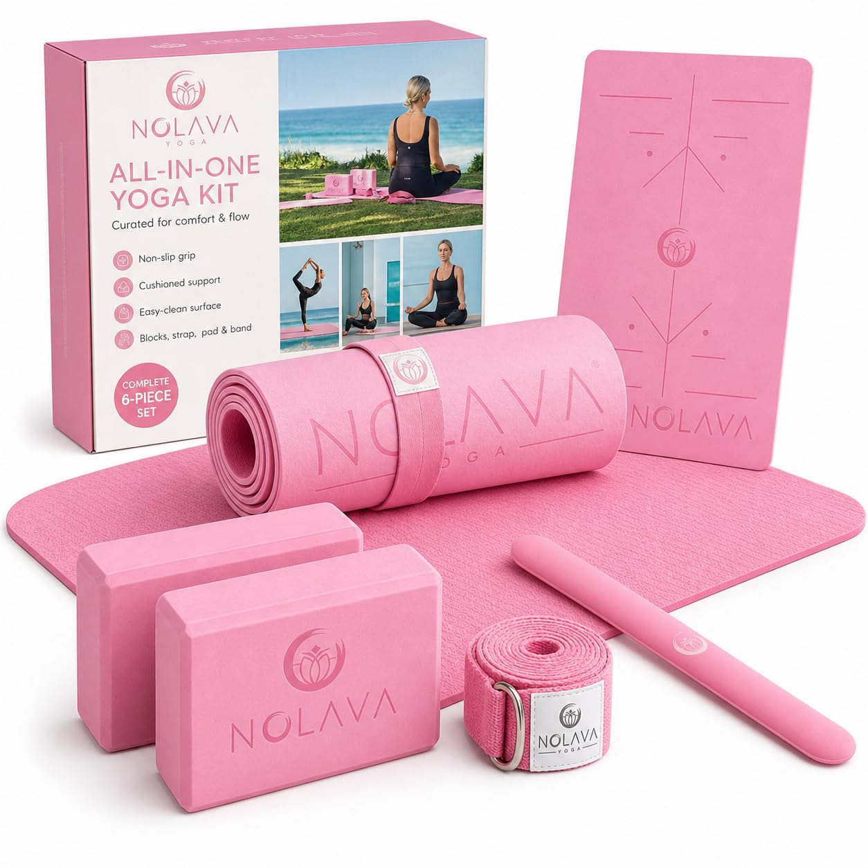Nolava - Juego de 6 alfombrillas de yoga TPE color rosa | Rodilleras de TPE | 2 bloques de yoga | Correa elástica para yoga | Banda para esterilla de yoga