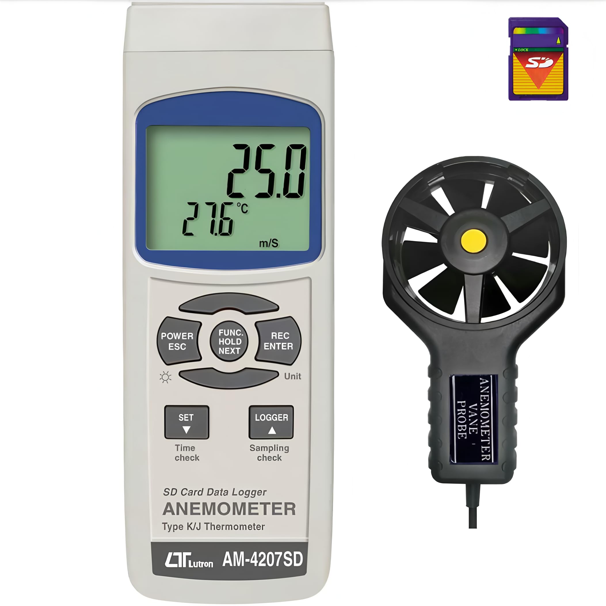 i-POOK DIGITAL ANEMOMETER AM-4207SD with Temp.measure 0 to 50°C RS232 interface air velocity and Type K/J Thermocouple/temperature with Memory Card real-time data logging made in Taiwan