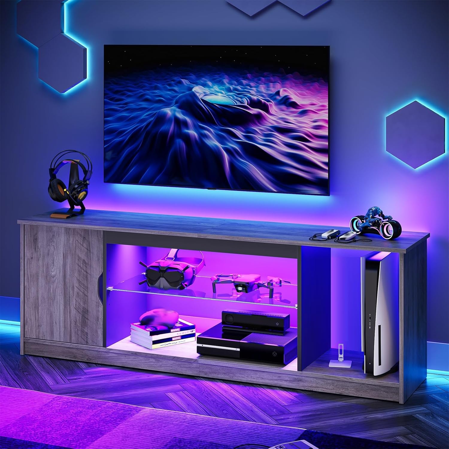 Bestier Support TV LED de 145 cm pour TV de 55/60/65" avec Armoire pour PS5, Moderne, avec étagères en Verre réglables, pour Salon, Chambre à Coucher